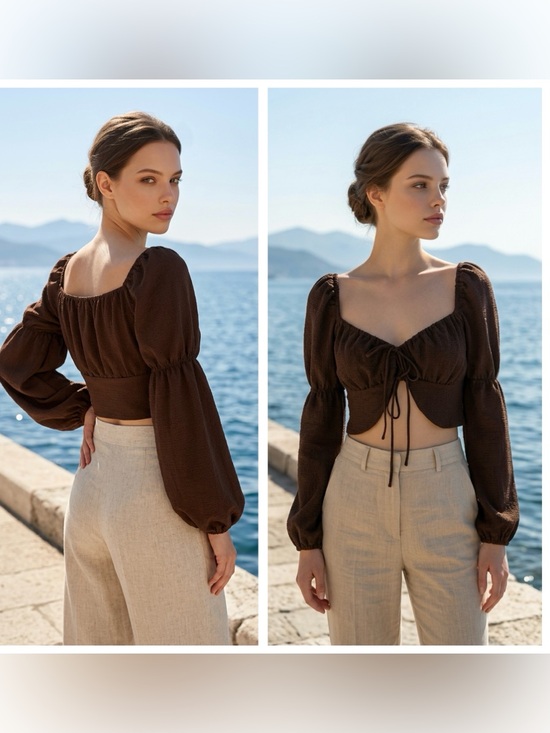 Divided Tops - H&M Divided Women Sz S Brown Puff-Sleeve Sweetheart Crop Top with Front Tie